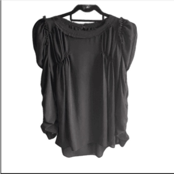 Sheer black long puffed frayed sleeves rounded hem top. Size small. - Picture 1 of 4